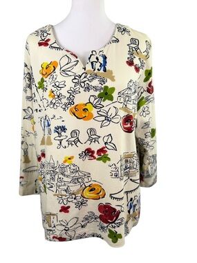 Graff by UM Co. Artistic Floral Cotton Tunic Top L Colorful Sketch Print Boho